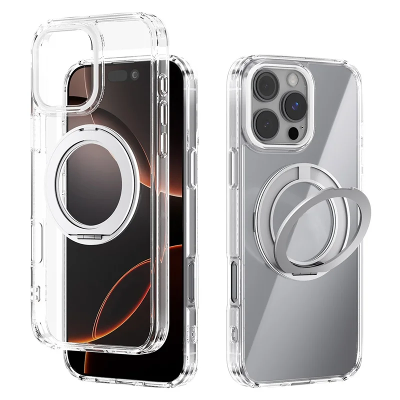 ABEEL Q-LUCK For iPhone 16 Pro Max Magnetic Case Rotating Kickstand Shockproof TPU + PC Phone Back Cover - Silver