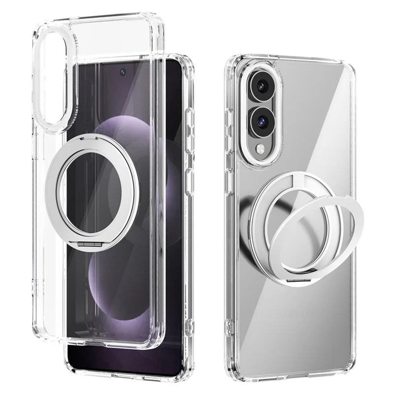 ABEEL Q-LUCK For Samsung Galaxy S25 Edge Magnetic Case Rotating Kickstand Shockproof TPU + PC Phone Back Cover - Silver