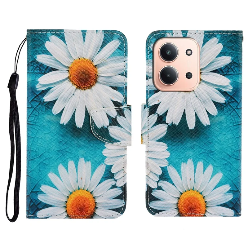 غطاء جلد لهاتف شاومي ريدمي 15C 4G (الاتحاد الأوروبي) (173 مم) / 15C 5G (الاتحاد الأوروبي) (173 مم) / بوكو C85 4G (173 مم) بطباعة زهرة الكريزانتيموم مع حزام معصم