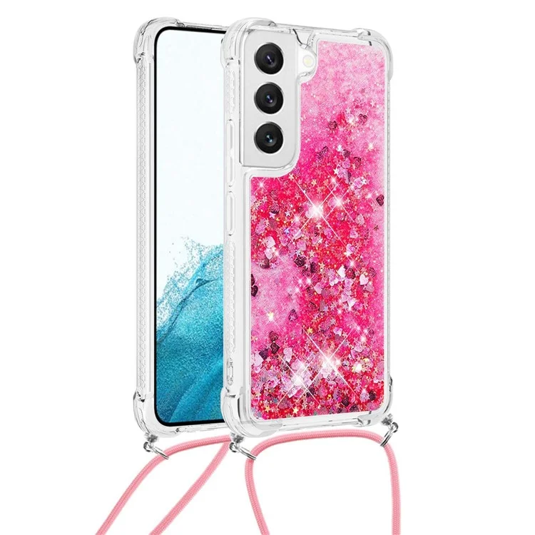 YB Quicksand Series-4 para Samsung Galaxy S23+ Clear Sparkle Moving Quicksand Case Soft TPU Protective Phone Cover with Lanyard - Rosa / Corações
