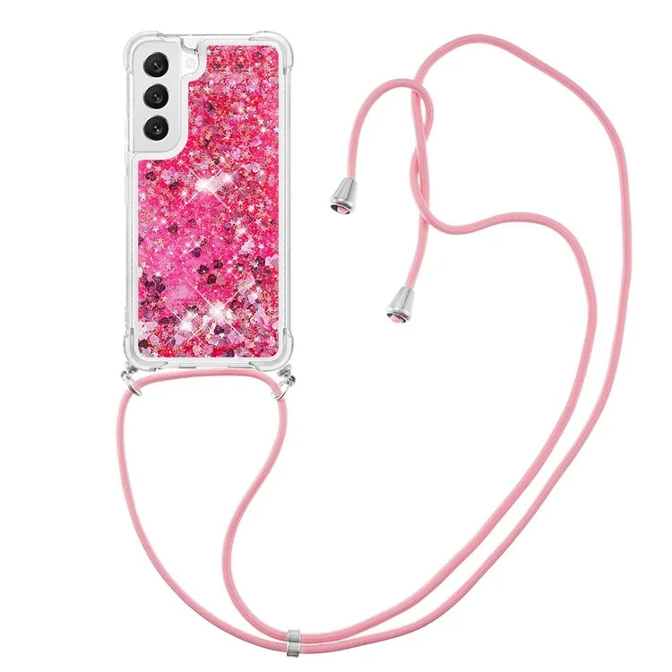 YB Quicksand Series-4 para Samsung Galaxy S23+ Clear Sparkle Moving Quicksand Case Soft TPU Protective Phone Cover with Lanyard - Rosa / Corações