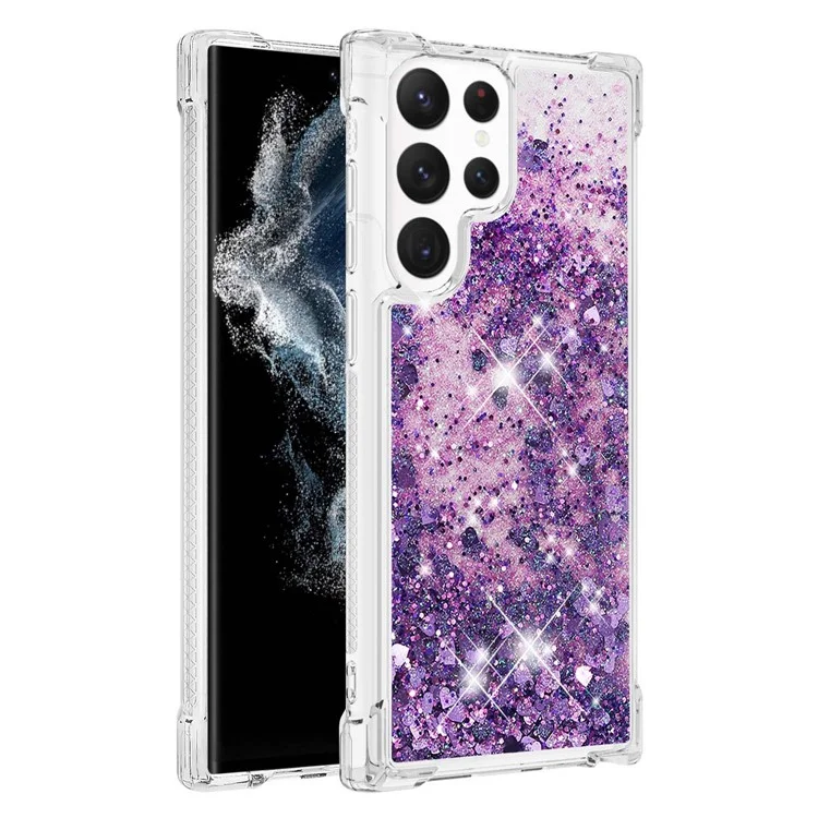 Série YB Quicksand-1 para Samsung Galaxy S23 Ultra Glitter Quicksand Flowing Clear Case Soft TPU Anti-Scratch Protective Phone Cover - Purple Escuro / Corações