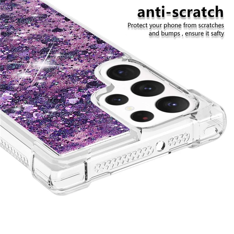 Série YB Quicksand-1 para Samsung Galaxy S23 Ultra Glitter Quicksand Flowing Clear Case Soft TPU Anti-Scratch Protective Phone Cover - Purple Escuro / Corações