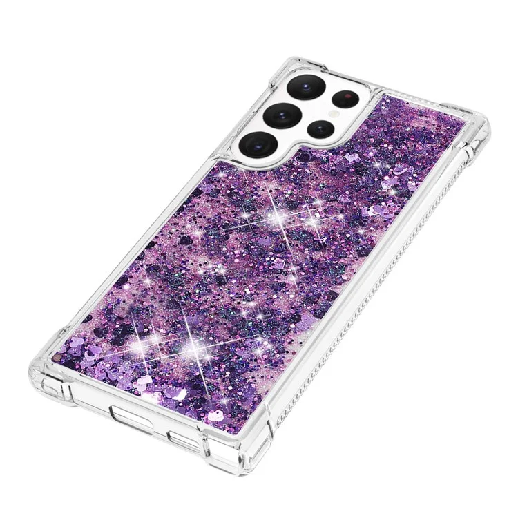 Série YB Quicksand-1 para Samsung Galaxy S23 Ultra Glitter Quicksand Flowing Clear Case Soft TPU Anti-Scratch Protective Phone Cover - Purple Escuro / Corações