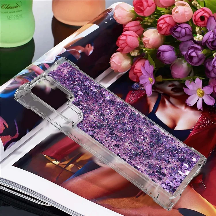 Série YB Quicksand-1 para Samsung Galaxy S23 Ultra Glitter Quicksand Flowing Clear Case Soft TPU Anti-Scratch Protective Phone Cover - Purple Escuro / Corações