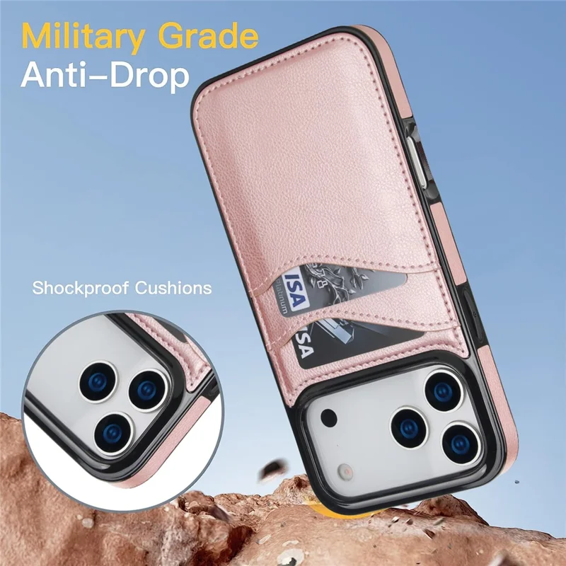 For iPhone 17 Pro Max Case Card Slot Slim-Fit PU + TPU Mobile Cover - Rose Gold