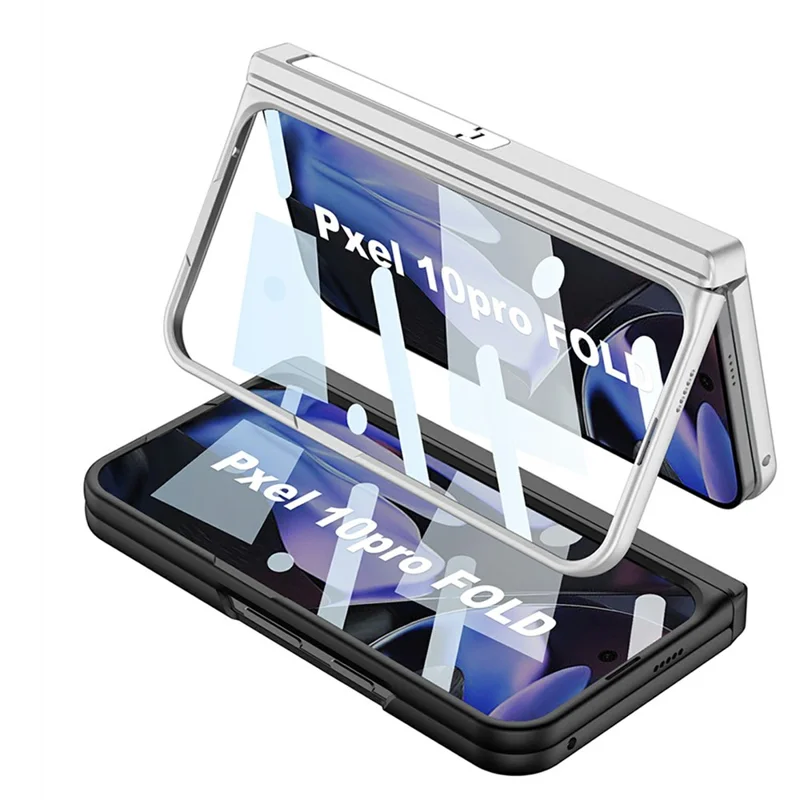 GKK For Google Pixel 10 Pro Fold Case Magnetic Hinge Side Kickstand Leather Coated PC Phone Cover with Tempered Glass Screen Film - Silver