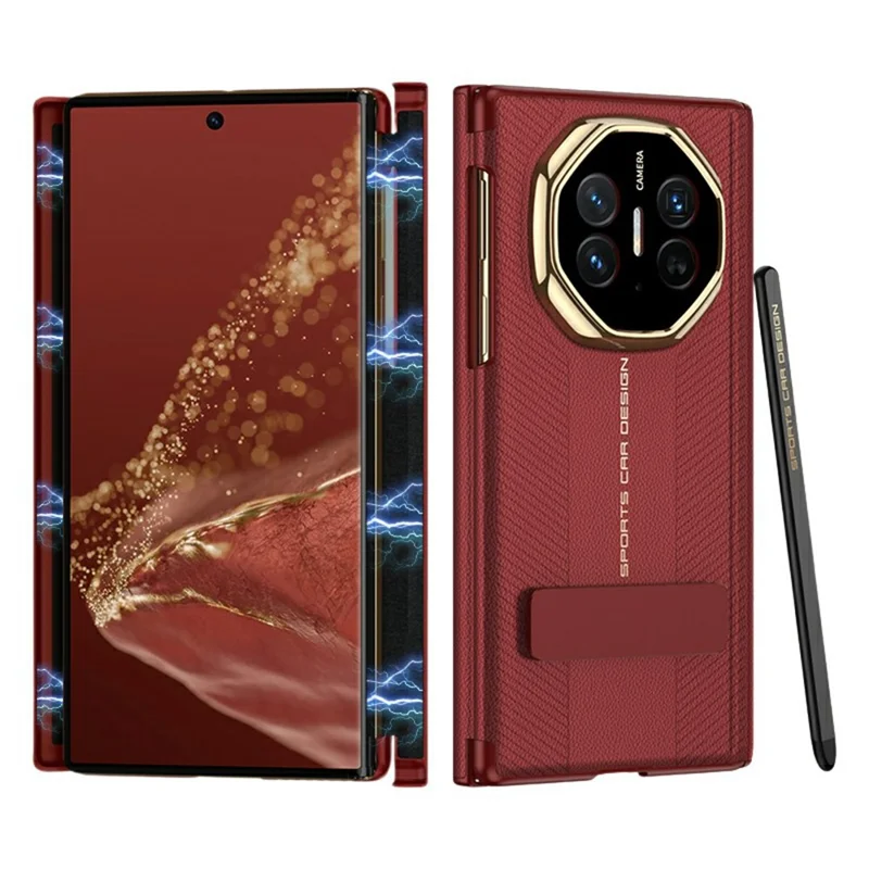 GKK For Huawei Mate XT Ultimate Case Kickstand Magnetic Dual Hinge Leather Coated PC Phone Cover with Stylus - Red