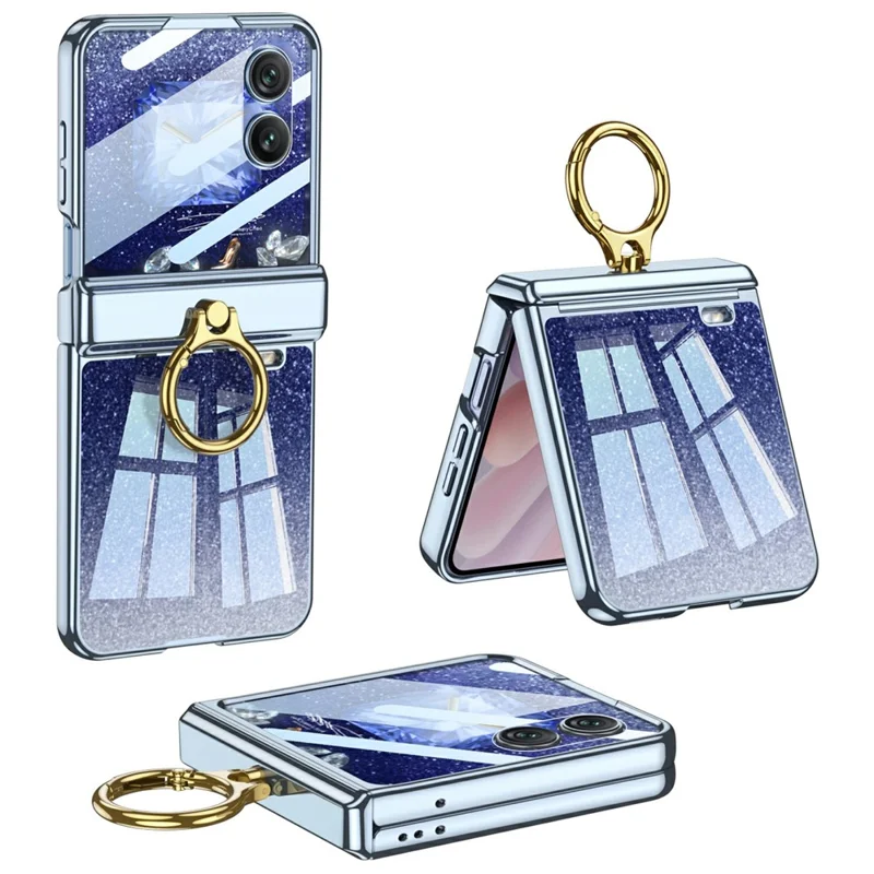 GKK For Honor Magic V Flip 2 Case Magnetic Hinge Ring Holder Kickstand Electroplating Clear PC Phone Cover with Rear Screen Film - Blue