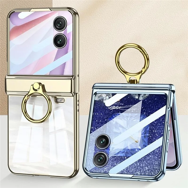 GKK For Honor Magic V Flip 2 Case Magnetic Hinge Ring Holder Kickstand Electroplating Clear PC Phone Cover with Rear Screen Film - Blue