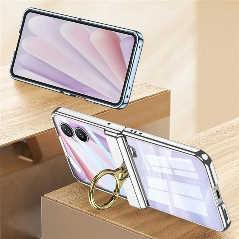 GKK For Honor Magic V Flip 2 Case Magnetic Hinge Ring Holder Kickstand Electroplating Clear PC Phone Cover with Rear Screen Film - Blue