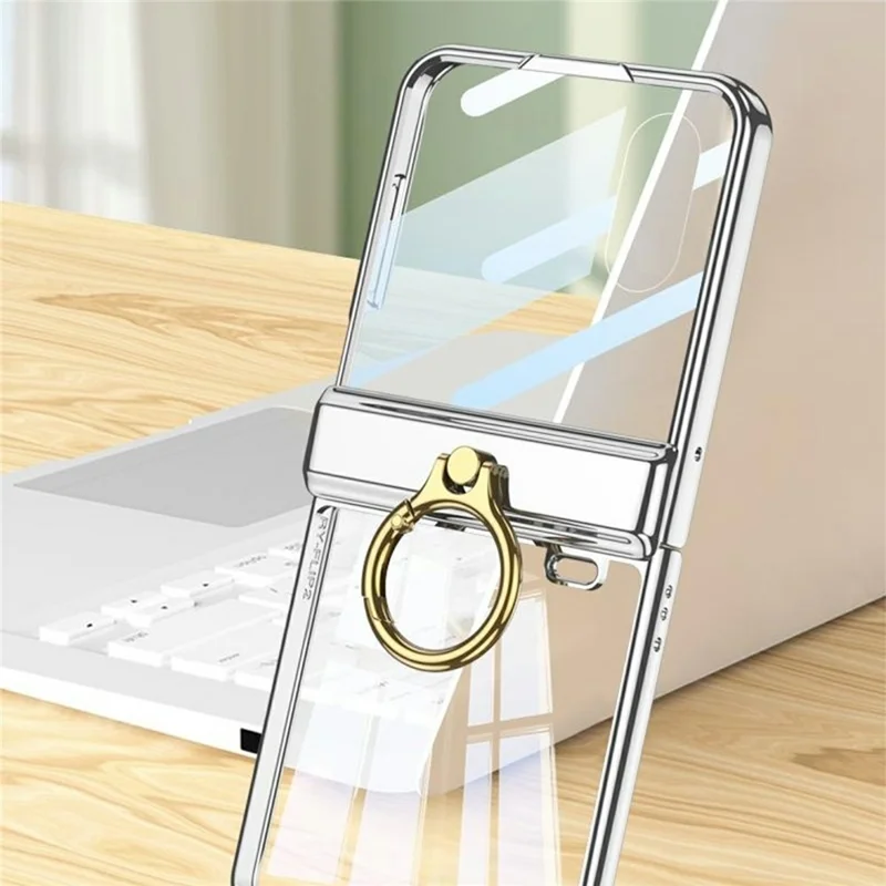 GKK For Honor Magic V Flip 2 Case Magnetic Hinge Ring Holder Kickstand Electroplating Clear PC Phone Cover with Rear Screen Film - Blue