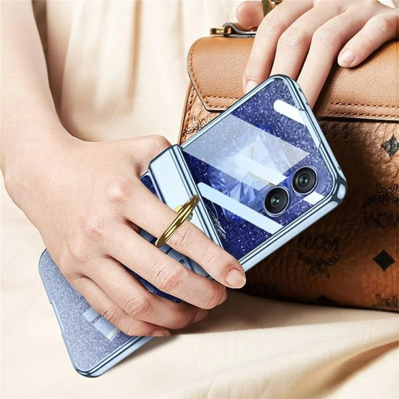 GKK For Honor Magic V Flip 2 Case Magnetic Hinge Ring Holder Kickstand Electroplating Clear PC Phone Cover with Rear Screen Film - Blue