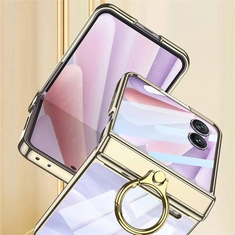 GKK For Honor Magic V Flip 2 Case Magnetic Hinge Ring Holder Kickstand Electroplating Clear PC Phone Cover with Rear Screen Film - Blue