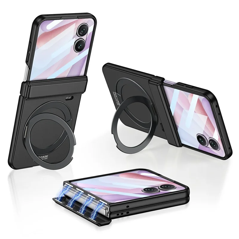 GKK Etui na Honor Magic V Flip 2 z magnesem, obrotowe pierścienie podpórki, pokrywa PC z tylną folią ochronną - Czarny