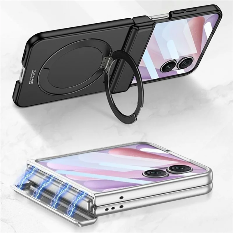 GKK Etui na Honor Magic V Flip 2 z magnesem, obrotowe pierścienie podpórki, pokrywa PC z tylną folią ochronną - Czarny