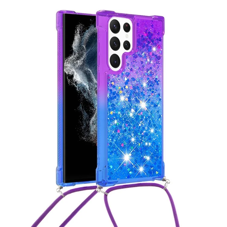 Série YB Quicksand-6 pour Samsung Galaxy S23 Ultra Étui de téléphone à couleur dégradée anti-décoloration en TPU avec liquide Quicksand flottant et dragonne - Violet / Bleu ciel