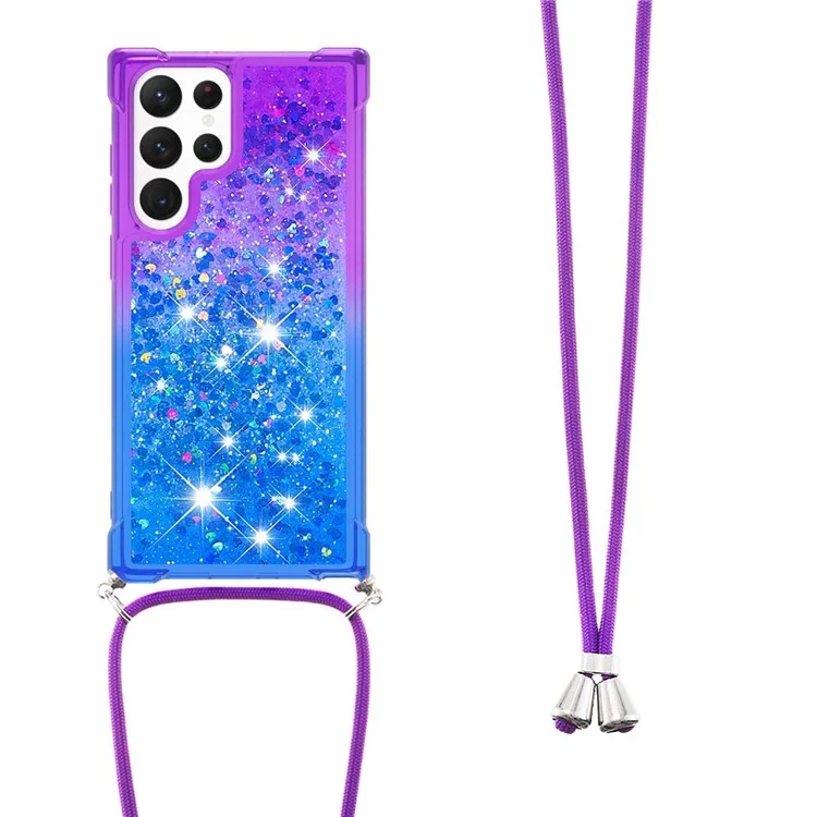 YB Quicksand Series-6 For Samsung Galaxy S23 Ultra Gradient Color Anti-fading TPU Phone Case Flowing Liquid Quicksand Phone Cover with Lanyard - Purple / Sky Blue