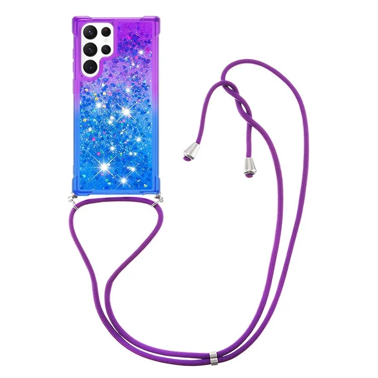 Série YB Quicksand-6 pour Samsung Galaxy S23 Ultra Étui de téléphone à couleur dégradée anti-décoloration en TPU avec liquide Quicksand flottant et dragonne - Violet / Bleu ciel