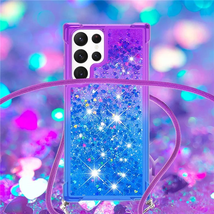 Série YB Quicksand-6 pour Samsung Galaxy S23 Ultra Étui de téléphone à couleur dégradée anti-décoloration en TPU avec liquide Quicksand flottant et dragonne - Violet / Bleu ciel