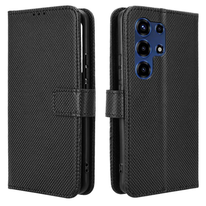 For itel Super 26 Ultra Leather Wallet Case with Strap Diamond Texture Phone Cover - Black