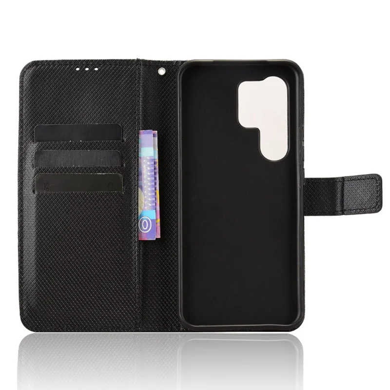 For itel Super 26 Ultra Leather Wallet Case with Strap Diamond Texture Phone Cover - Black