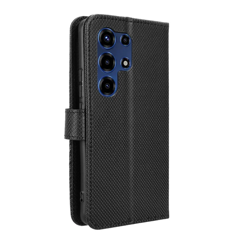 For itel Super 26 Ultra Leather Wallet Case with Strap Diamond Texture Phone Cover - Black