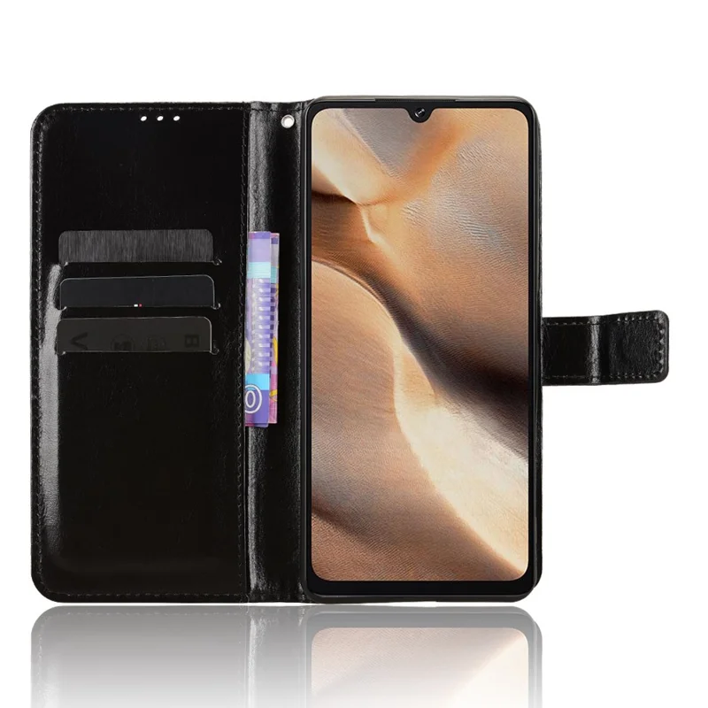 For Cubot X100 PU Leather Case with Strap Crazy Horse Texture Phone Wallet Cover - Black