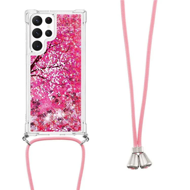 For Samsung Galaxy S23 Ultratpu Case with Lanyard Quicksand Pattern Print Phone Cover - Cherry Blossom