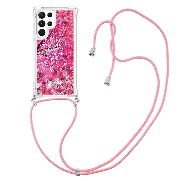 For Samsung Galaxy S23 Ultratpu Case with Lanyard Quicksand Pattern Print Phone Cover - Cherry Blossom