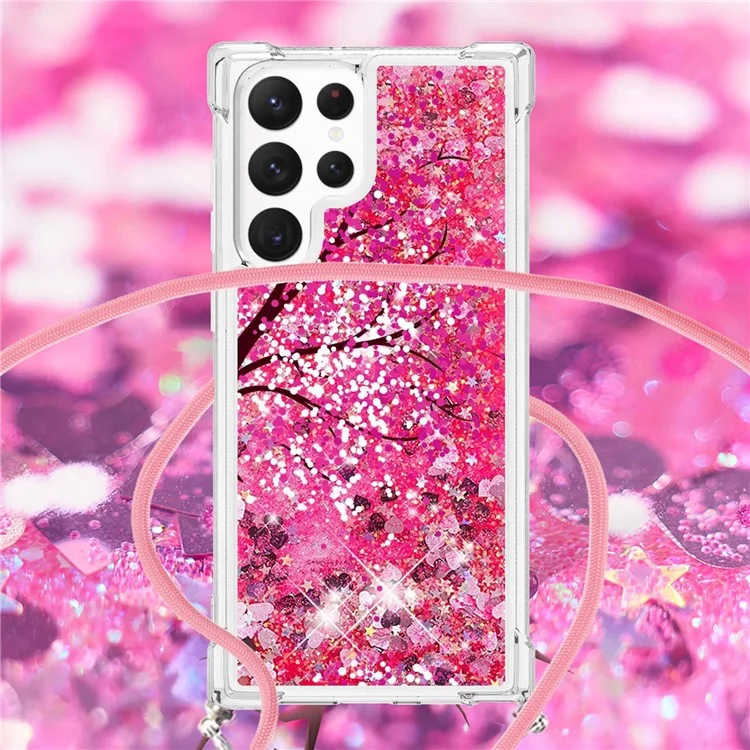 For Samsung Galaxy S23 Ultratpu Case with Lanyard Quicksand Pattern Print Phone Cover - Cherry Blossom