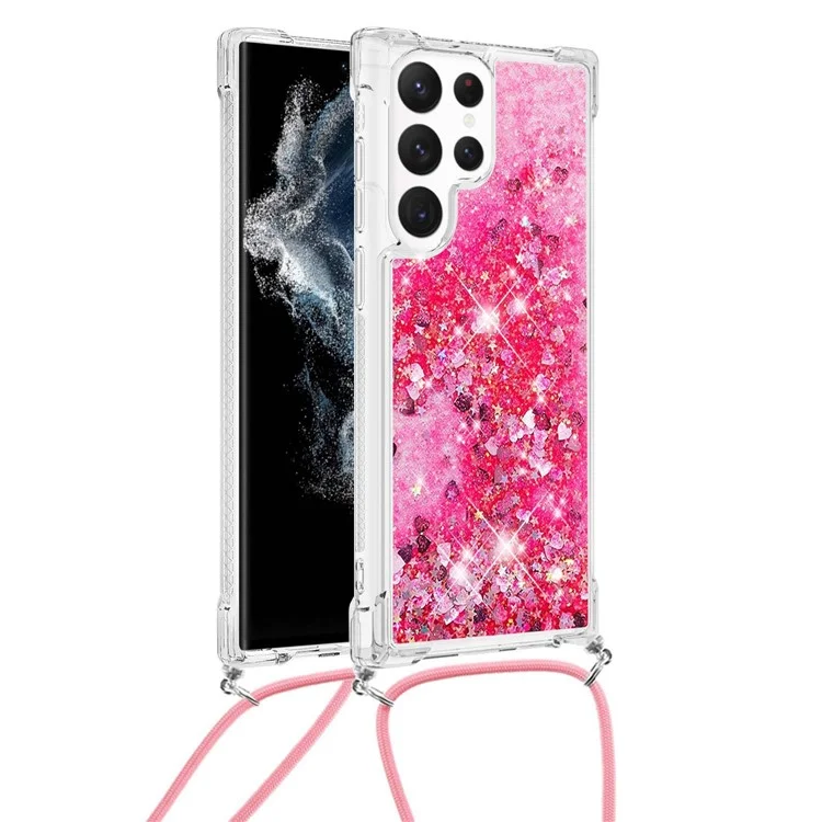 For Samsung Galaxy S23 Ultra TPU Case Quicksand Design Phone Cover with Lanyard - Pink  /  Hearts