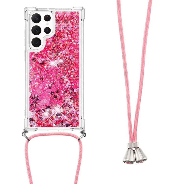For Samsung Galaxy S23 Ultra TPU Case Quicksand Design Phone Cover with Lanyard - Pink  /  Hearts