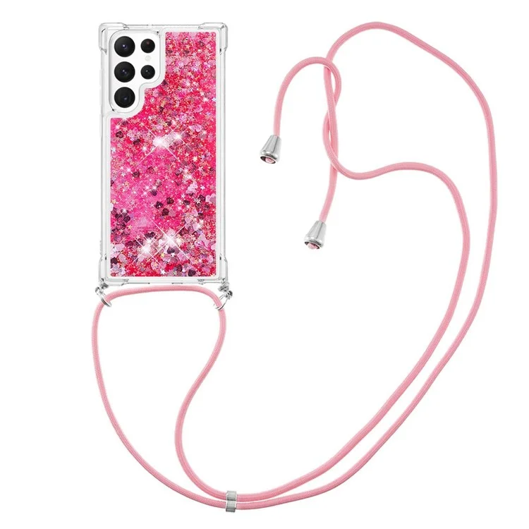 For Samsung Galaxy S23 Ultra TPU Case Quicksand Design Phone Cover with Lanyard - Pink  /  Hearts