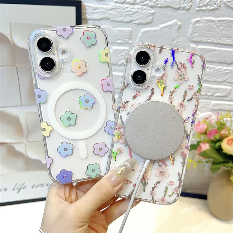 For iPhone 17 Magnetic Case Rhinestone Laser Floral PC + TPU Phone Cover Compatible with MagSafe - Style 1