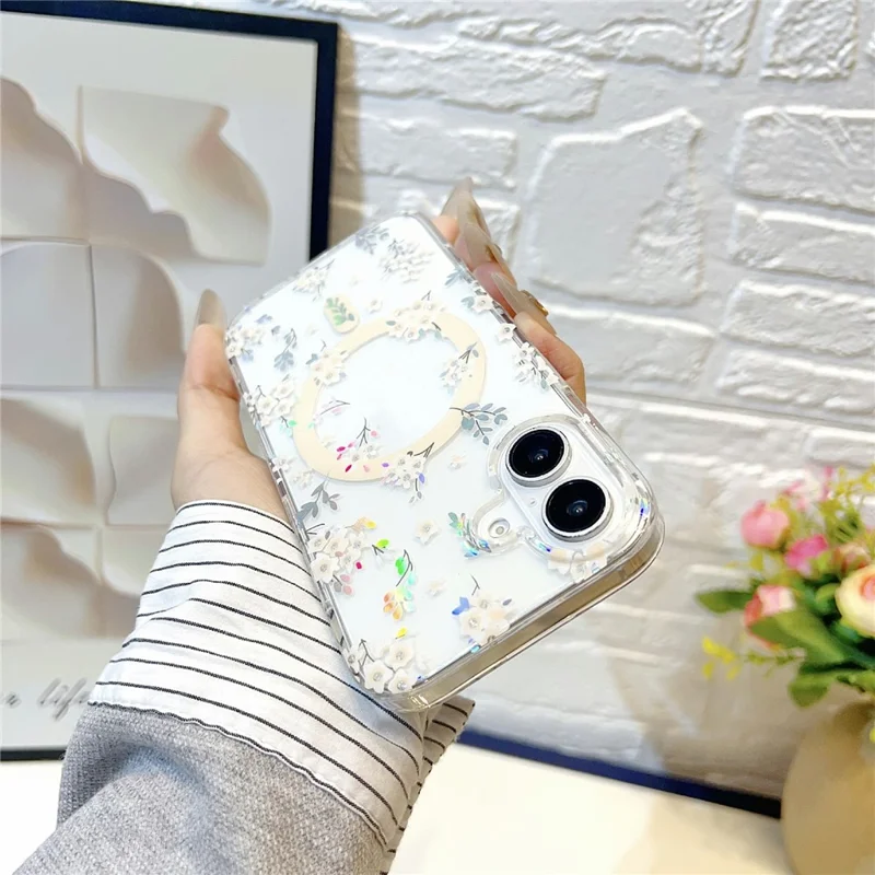 For iPhone 17 Magnetic Case Rhinestone Laser Floral PC + TPU Phone Cover Compatible with MagSafe - Style 1