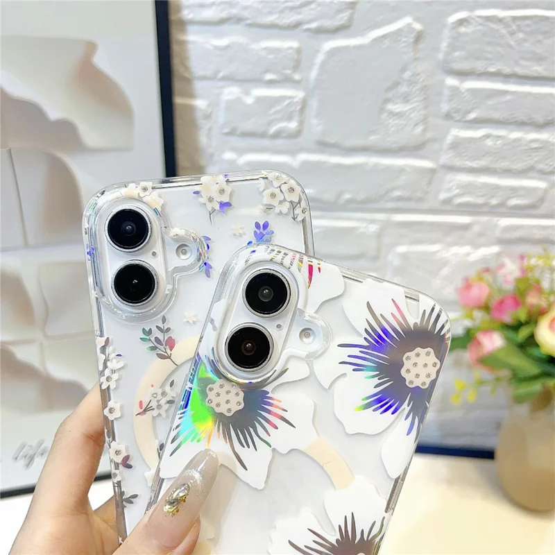 For iPhone 17 Magnetic Case Rhinestone Laser Floral PC + TPU Phone Cover Compatible with MagSafe - Style 1