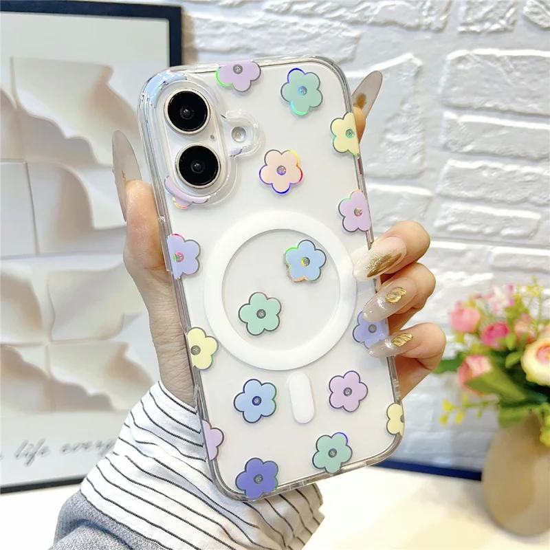 For iPhone 16 Magnetic Case Rhinestone Laser Floral PC + TPU Phone Cover Compatible with MagSafe - Style 1