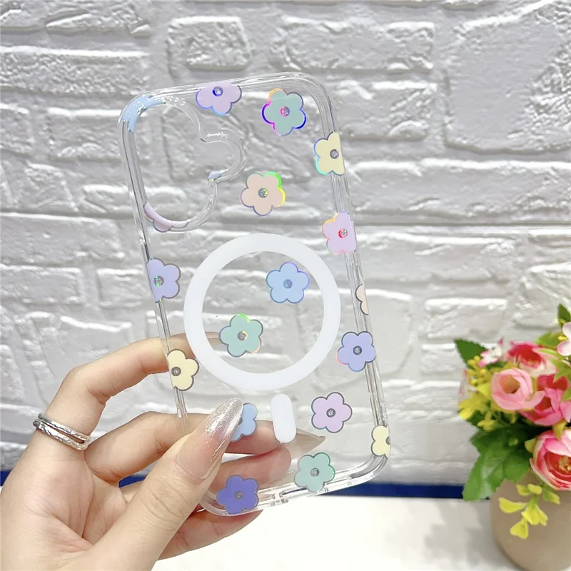 For iPhone 16 Magnetic Case Rhinestone Laser Floral PC + TPU Phone Cover Compatible with MagSafe - Style 1