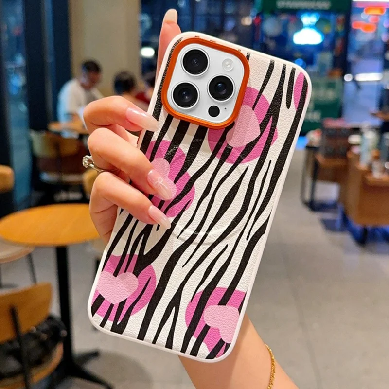 Für iPhone 16 Pro Hülle Kompatibel mit MagSafe Herz Zebra Muster Leder Beschichtete PC Handyhülle