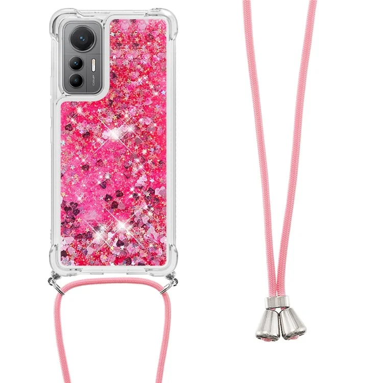 YB Quicksand Series-4 Para Xiaomi 12 Lite 5G Liquid Quicksand Phone Case Flexible TPU Protective Back Cover with Long Strap - Rosa / Corações