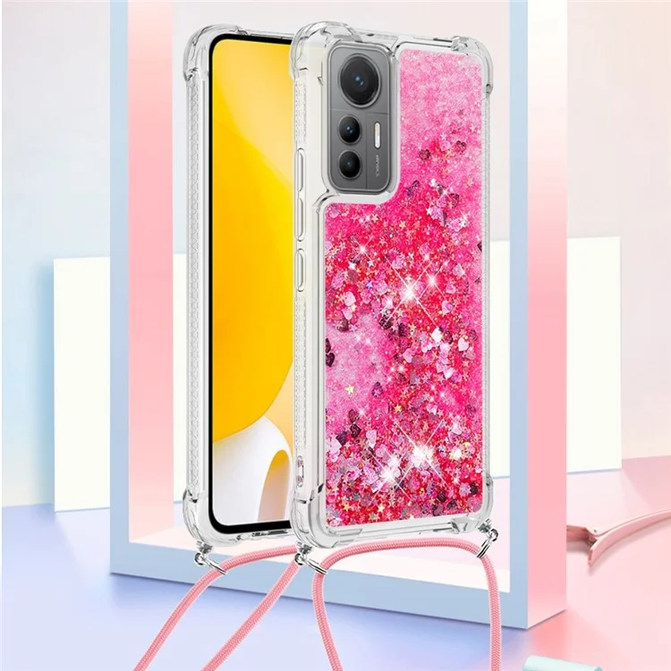 YB Quicksand Series-4 Para Xiaomi 12 Lite 5G Liquid Quicksand Phone Case Flexible TPU Protective Back Cover with Long Strap - Rosa / Corações