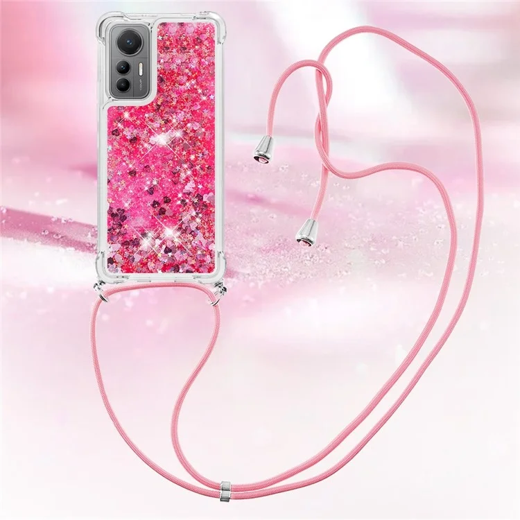 YB Quicksand Series-4 Para Xiaomi 12 Lite 5G Liquid Quicksand Phone Case Flexible TPU Protective Back Cover with Long Strap - Rosa / Corações
