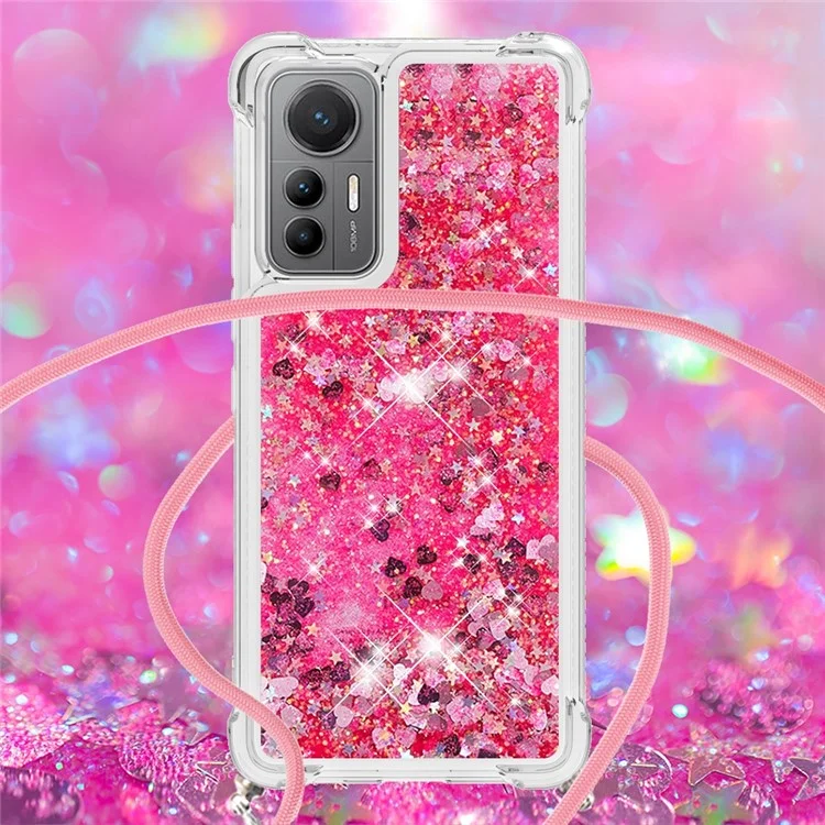 YB Quicksand Series-4 Para Xiaomi 12 Lite 5G Liquid Quicksand Phone Case Flexible TPU Protective Back Cover with Long Strap - Rosa / Corações