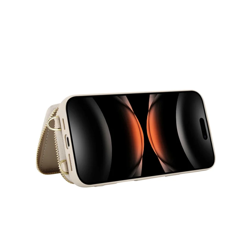 For iPhone 17 Pro Case RFID Blocking Zipper Wallet Leather + TPU Phone Cover with Shoulder Strap - Apricot