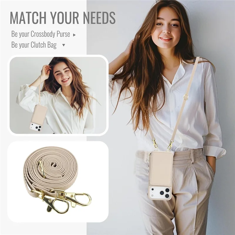 For iPhone 17 Pro Case RFID Blocking Zipper Wallet Leather + TPU Phone Cover with Shoulder Strap - Apricot