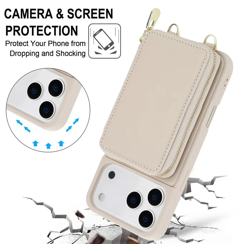 For iPhone 17 Pro Case RFID Blocking Zipper Wallet Leather + TPU Phone Cover with Shoulder Strap - Apricot