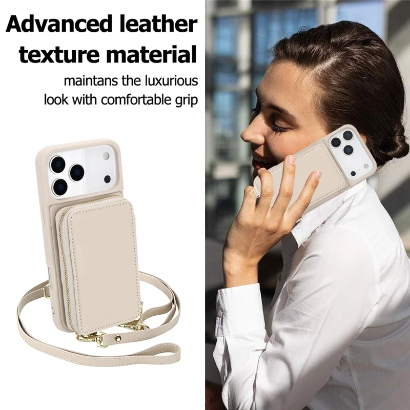 For iPhone 17 Pro Case RFID Blocking Zipper Wallet Leather + TPU Phone Cover with Shoulder Strap - Apricot