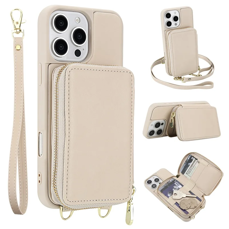 For iPhone 16 Pro Max Case RFID Blocking Zipper Wallet Leather + TPU Phone Cover with Shoulder Strap - Apricot