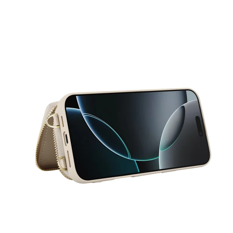 For iPhone 16 Pro Case RFID Blocking Zipper Wallet Leather + TPU Phone Cover with Shoulder Strap - Apricot